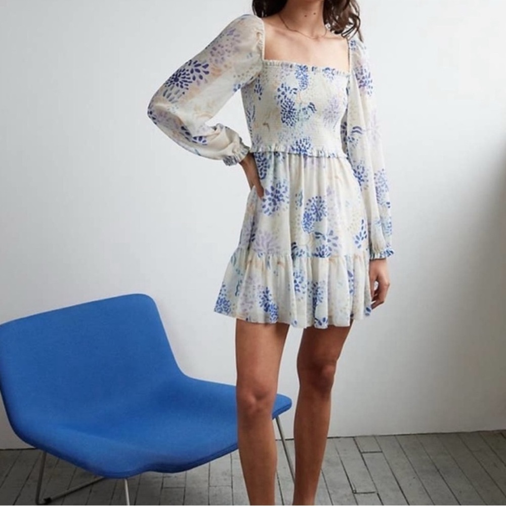 Aritzia Wilfred Tempest Blue Floral Chiffon Mini Dress Long Sheer Sleeve